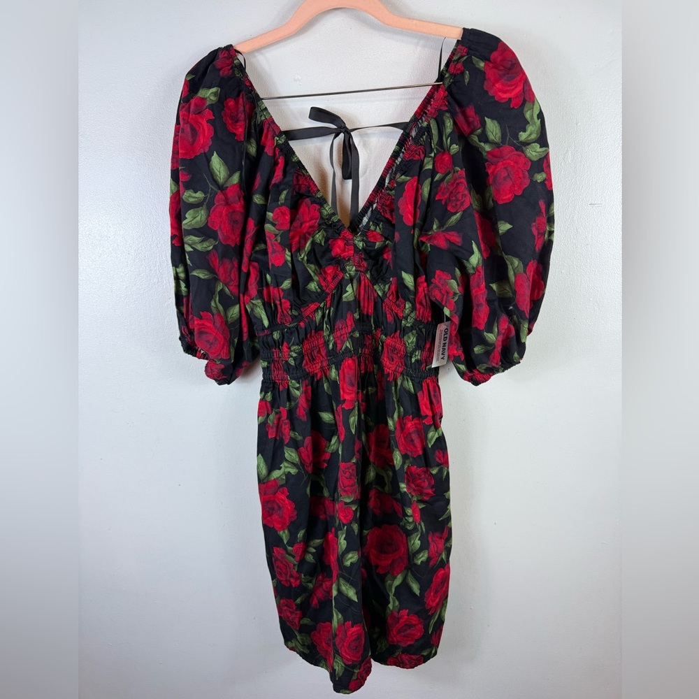 Old Navy Dress NWT Black Red Roses XS Pockets Puff Sleeve Mini Cocktail Party